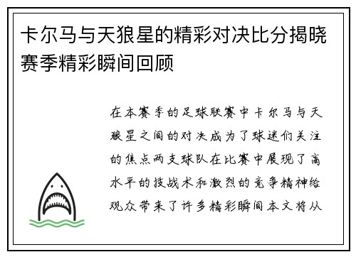 卡尔马与天狼星的精彩对决比分揭晓赛季精彩瞬间回顾