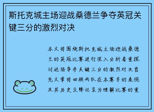 斯托克城主场迎战桑德兰争夺英冠关键三分的激烈对决