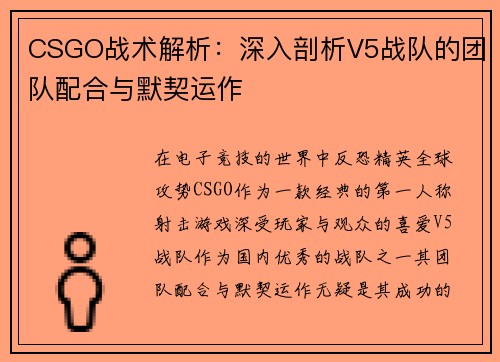 CSGO战术解析：深入剖析V5战队的团队配合与默契运作