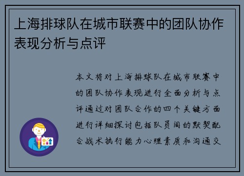 上海排球队在城市联赛中的团队协作表现分析与点评