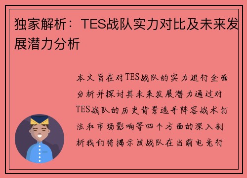 独家解析：TES战队实力对比及未来发展潜力分析