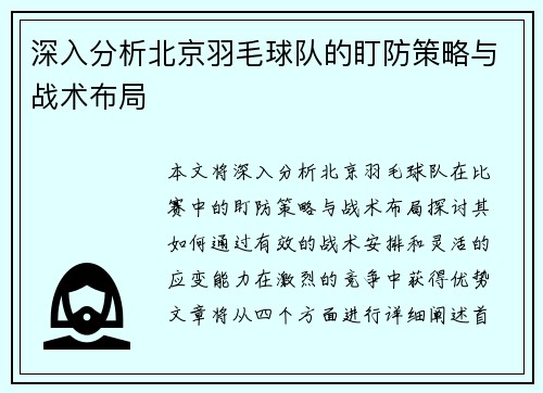 深入分析北京羽毛球队的盯防策略与战术布局