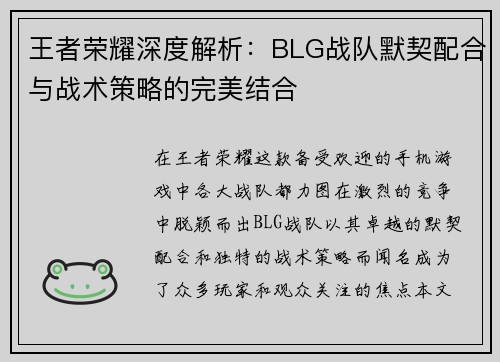 王者荣耀深度解析：BLG战队默契配合与战术策略的完美结合