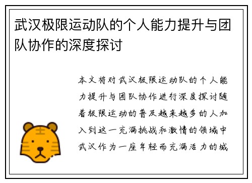 武汉极限运动队的个人能力提升与团队协作的深度探讨