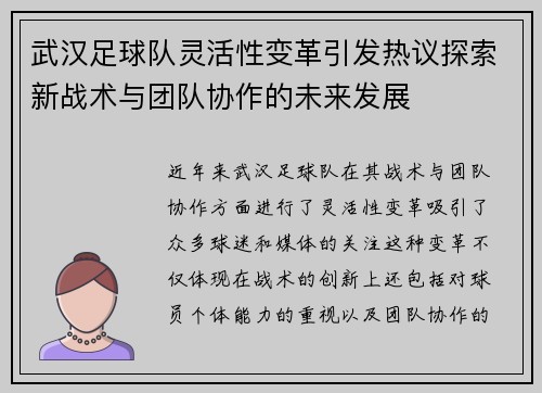 武汉足球队灵活性变革引发热议探索新战术与团队协作的未来发展