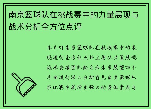 南京篮球队在挑战赛中的力量展现与战术分析全方位点评