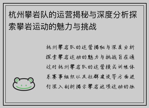 杭州攀岩队的运营揭秘与深度分析探索攀岩运动的魅力与挑战