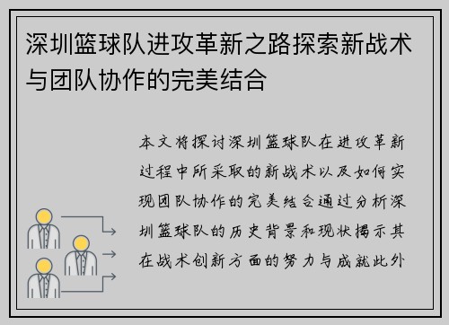 深圳篮球队进攻革新之路探索新战术与团队协作的完美结合