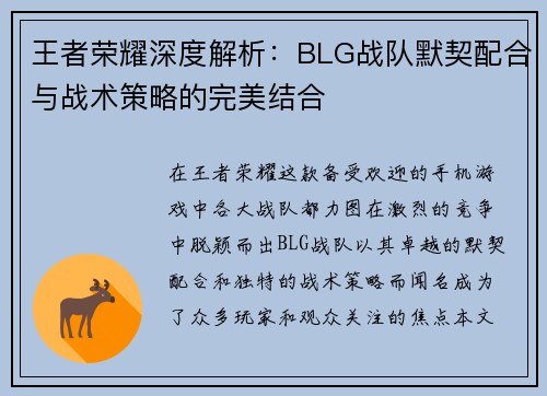 王者荣耀深度解析：BLG战队默契配合与战术策略的完美结合