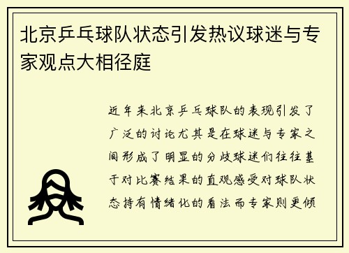 北京乒乓球队状态引发热议球迷与专家观点大相径庭