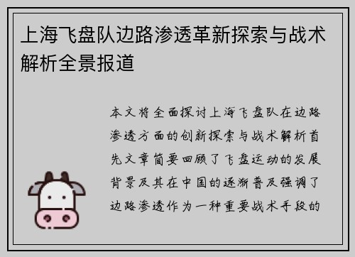 上海飞盘队边路渗透革新探索与战术解析全景报道