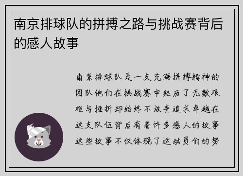 南京排球队的拼搏之路与挑战赛背后的感人故事