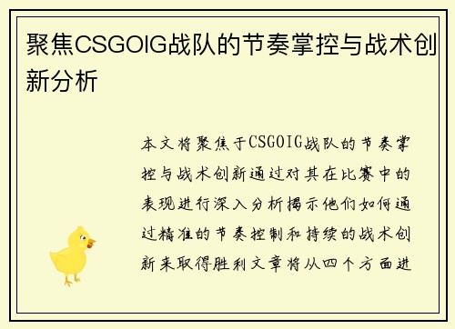 聚焦CSGOIG战队的节奏掌控与战术创新分析