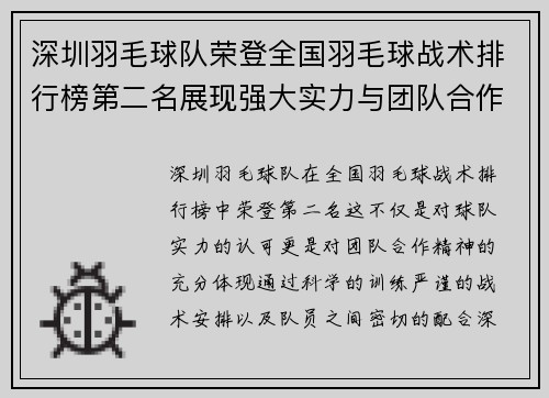 深圳羽毛球队荣登全国羽毛球战术排行榜第二名展现强大实力与团队合作 - 副本