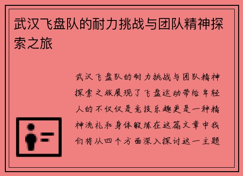 武汉飞盘队的耐力挑战与团队精神探索之旅