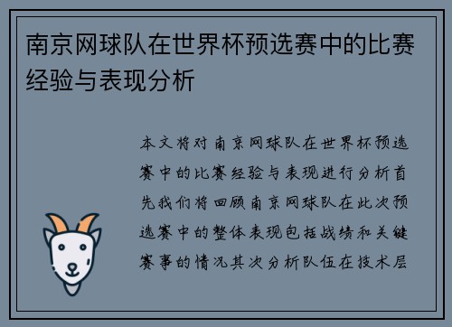 南京网球队在世界杯预选赛中的比赛经验与表现分析